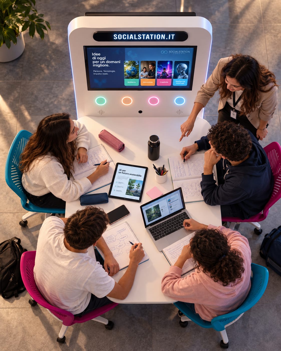 Top view of four students working together around a SocialStation, with a teacher pointing at their notes and the station display showing Thinks4 content.